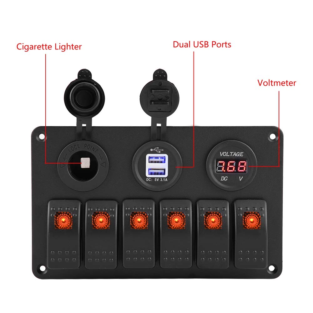 KIMISS 6-gangowy panel przełączników LED 12V 24V dla samochodu i łodzi z USB, woltomierzem i zapalniczką, pomarańczowy