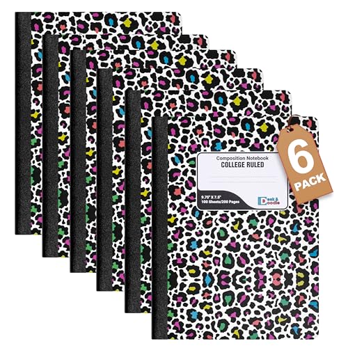 Composition Notebook Preppy with Leopard Print Design College Rule: 6 Pack, Cute Decorative Hardcover Writing Notebook With Sewn Binding and No Bleed Through, 200 Pages (100 Sheets), 9.75”x7.5”, For School or Office