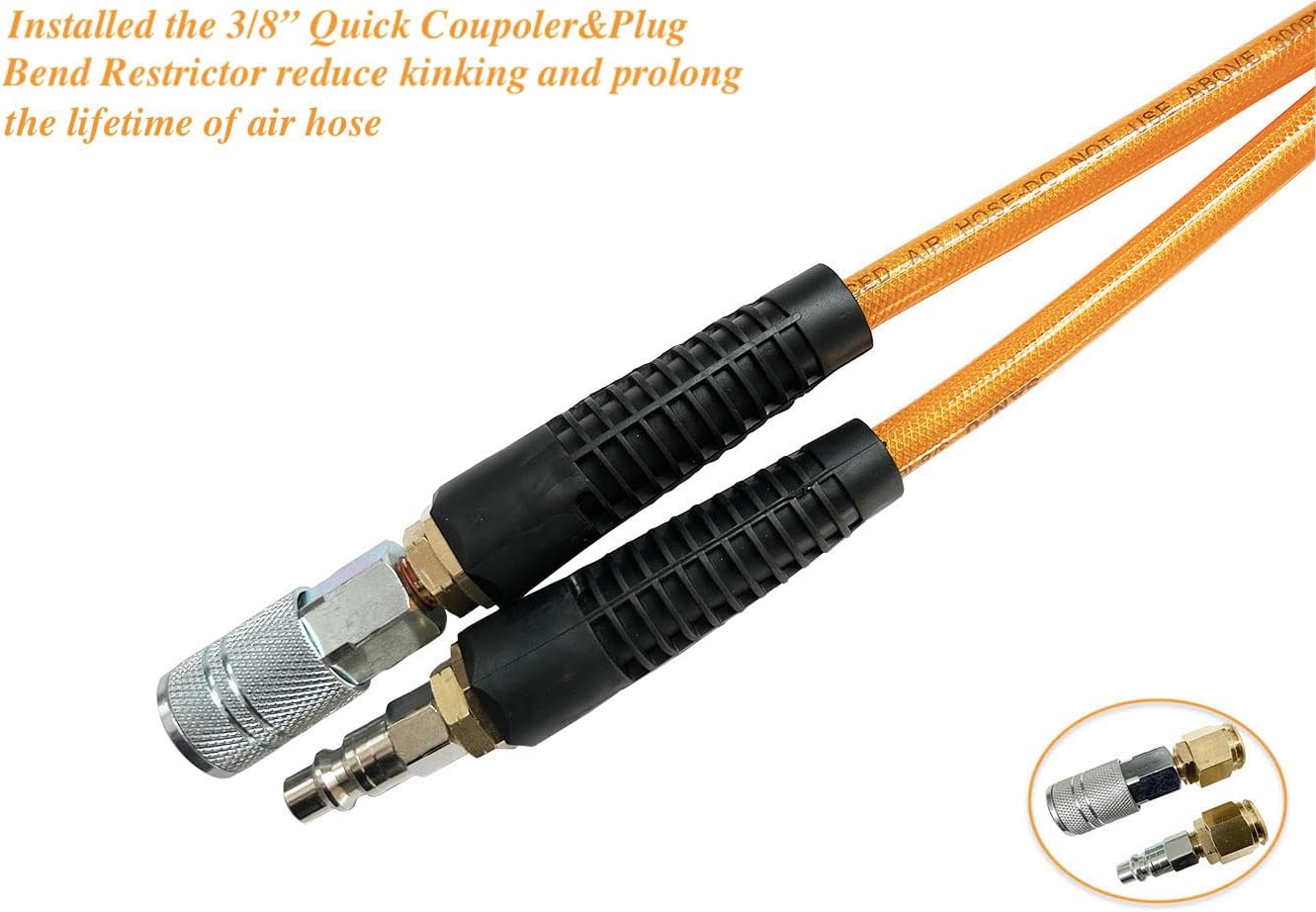 SANFU Polyurethane(PU) Reinforced 3/8”ID x 100ft, Air Hose, Non-kinking With 3/8” Reassembled Industrial High Flow Quick Coupler and Plug, Bend Restrictor, Transparent Orange(100’)