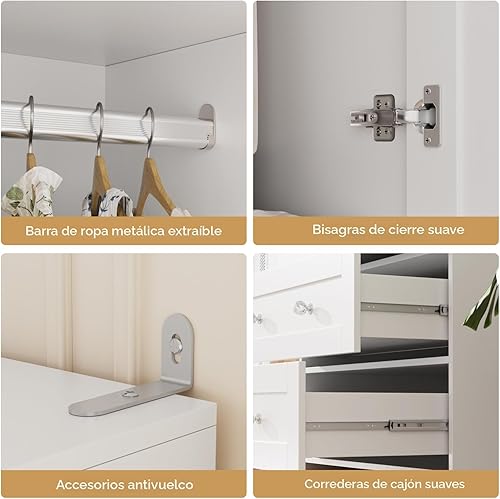 Miniatura 7 de VOWNER Armario Armario con cajones y espejo, armario de almacenamiento de ropa de 71 pulgadas con barra para colgar, armario de madera de 2 puertas