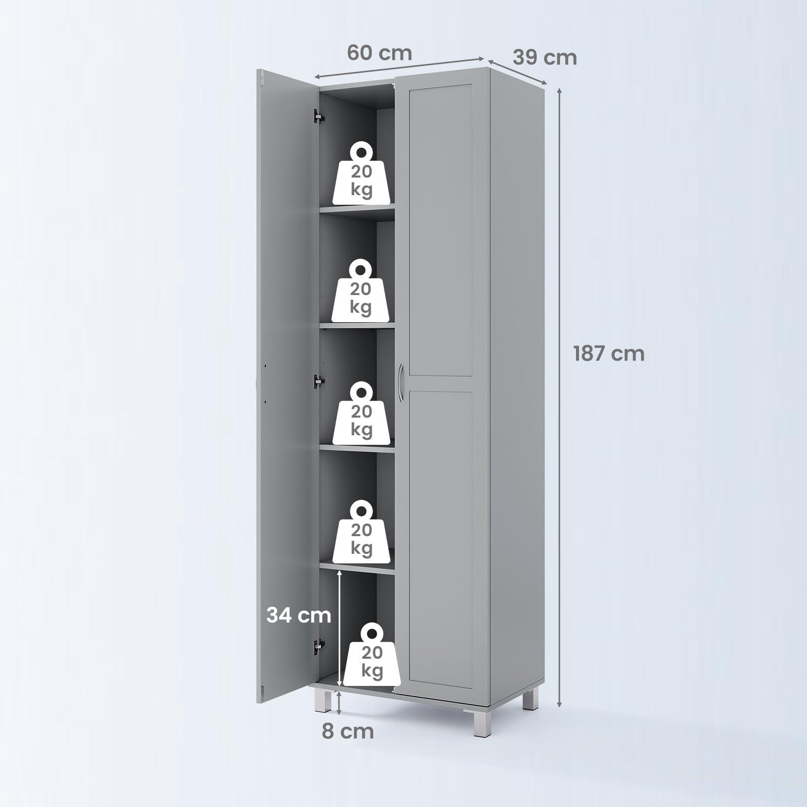 COSTWAY Küchenschrank hoch, 187 cm, Vorratsschrank mit 2 Türen & verstellbarem Regal, Mehrzweckschrank modern, Hochschrank Buffetschrank, für Küche Esszimmer Wohnzimmer (Grau)