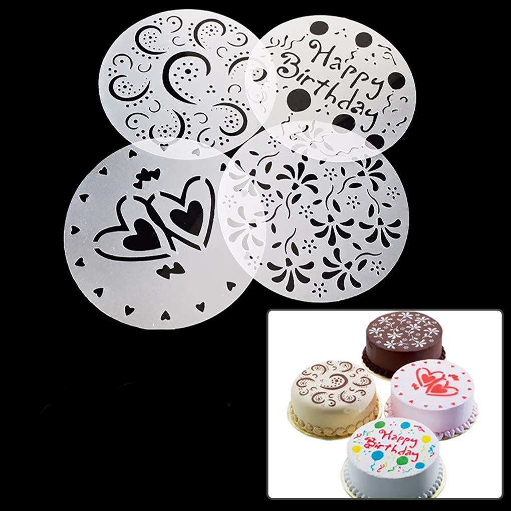 Rolin Roly 4pcs Cake Stencils Templates Variety Plastic Cake Stencils Decorating Heart Flower Screen Printing Cake Tiramisu Bakery Stencil Tools (4pcs white cake stencils)