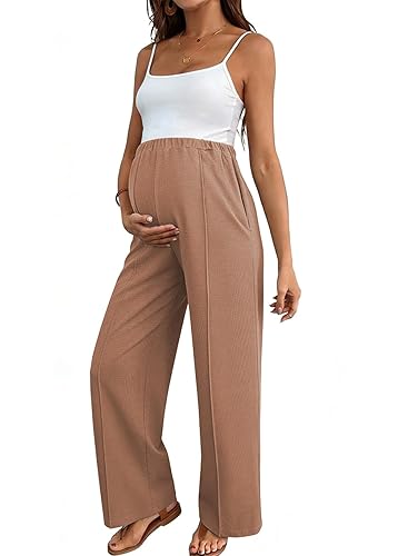BLENCOT Women's Maternity Pants Work Adjustable Waisted Wide Leg Waffle