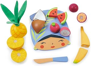 Tender Leaf Toys - Tropical Fruit Chopping Board - Wooden Play Food Set with 6 Choppable Fruits, Wood Knife and Illustrated Board - Improves Fine Motor Skills - Age 2+