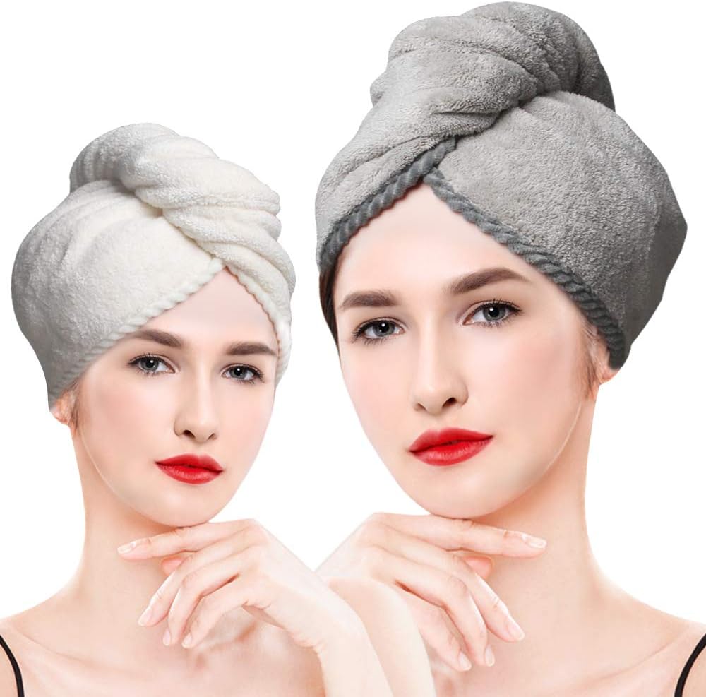 LEARJA 2 Pack Microfiber Hair Towel, Quick Dry Hair Towel, Hair Towels for Women, Hair Towel Wrap, LEARJA Twisty Turban Hair Towel, Long & Curly Hair Towel(White+Gray)