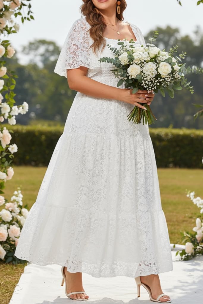 Women's Plus Size Floral Lace Wedding Boho Dress Flowy Smocked Tiered Maxi Dress - Image 4