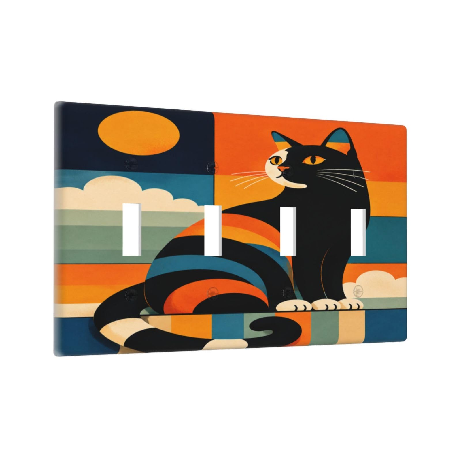Xuejiaku Decorative Light Switch Cover Plate Mid Century Modern Geometric Color Block Retro Sun Black Cat 4 Gang Wall Plates Quad Toggle Switch Plate Covers Outlet Covers Faceplate for Home Decor