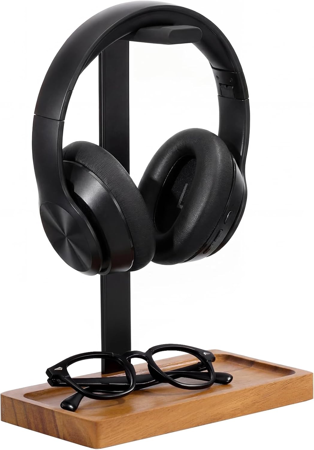 Walnut Wood Headset Holder, Desktop Headphone Stand, Universal Headphone Holder with Storage Base for Gaming, Music Headsets (Light Brown)