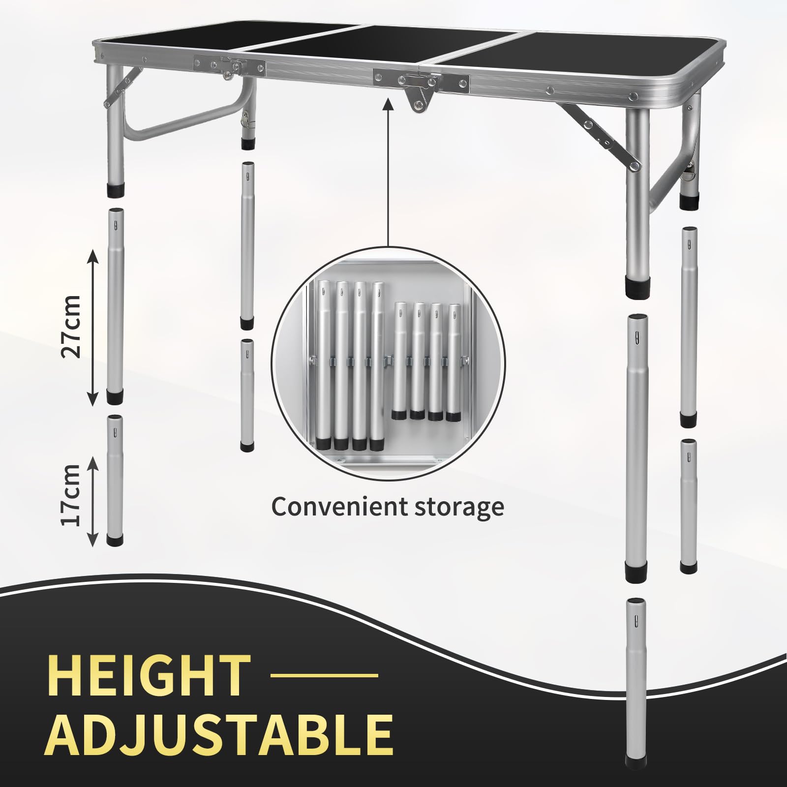 CPROSP Mesa de Camping Plegable Portátil 90 * 40cm, Negro de Picnic Al Aire Libre, Altura Ajustable 26-70 cm, con Red de Almacenamiento, Bolsa de Transporte Incluida Mesa de Aluminio MDF 4 Personas