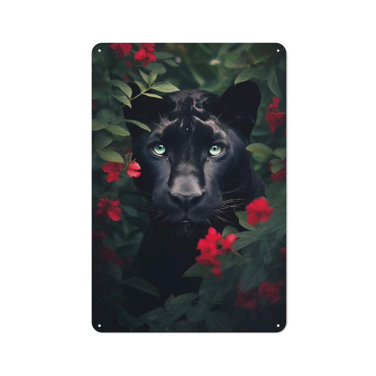 Junmoney Black Panther Red Flowers Metal Sign 30X20cm With For Home Bar Wall, Vintage Decor, Wall Decoration For Home Bars And Entertaining Spaces
