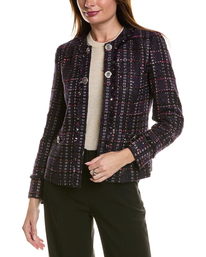 Anne Klein Womens Tweed Kissing Front Jacket W Fringe