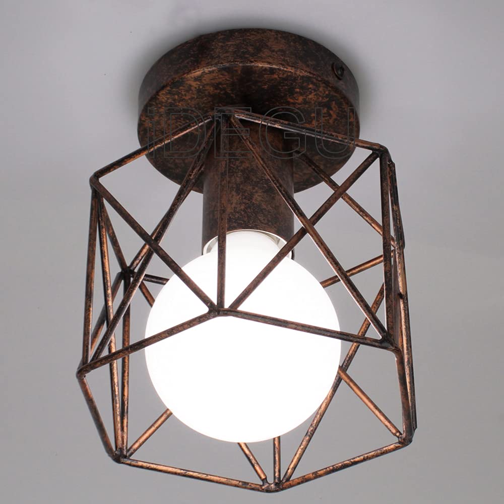 Idegu Rust Retro Metal Ceiling Light, Vintage Industrial Geometric Cage Pendant Light Shade E27 Light Fitting Kitchen Bedroom Hallway Entryway (, 15Cm)