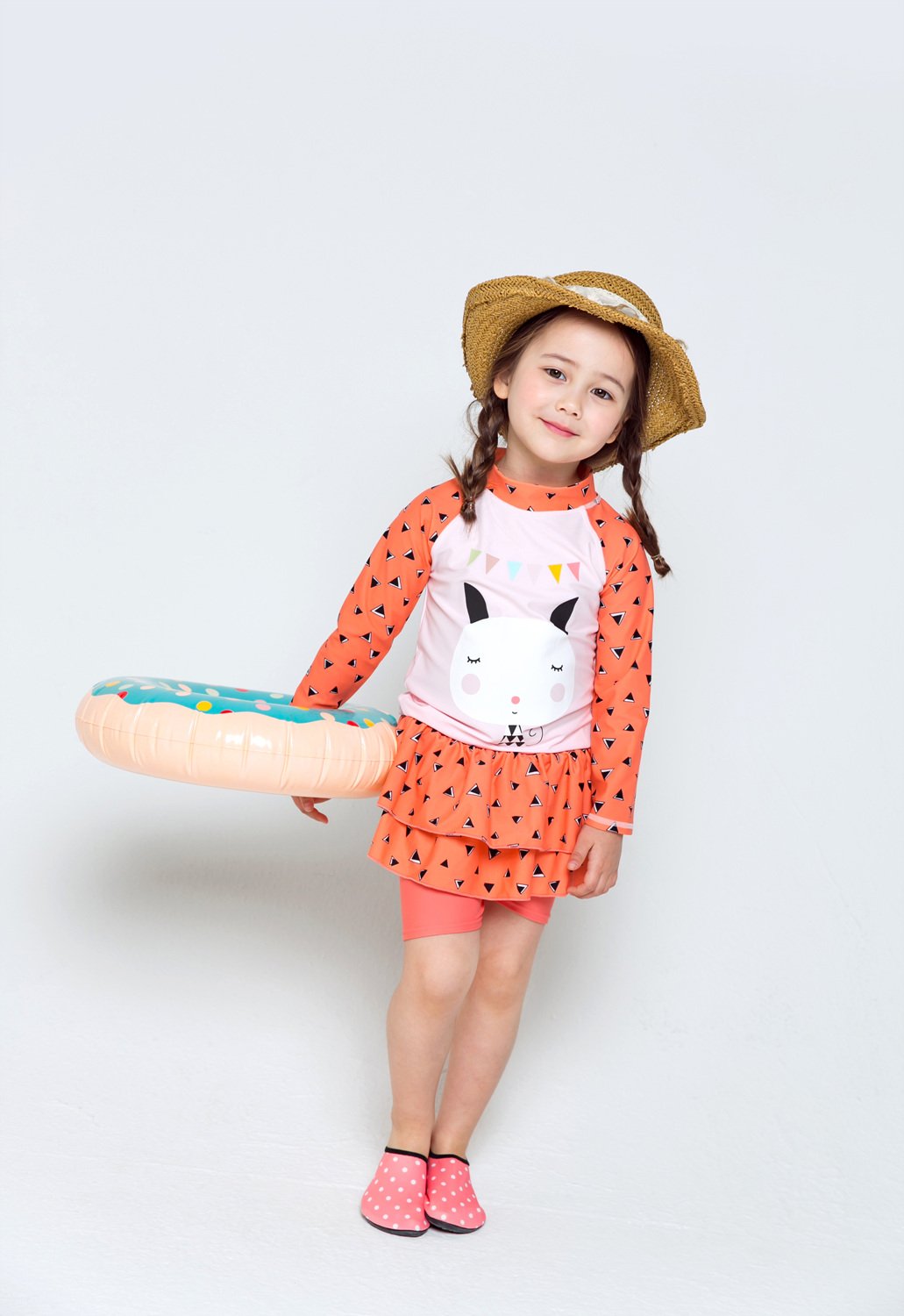 SwimZip Girl 3 Pc Short Sleeve Rash Guard, Shorts & Tankini | Peach Stripes - 2T