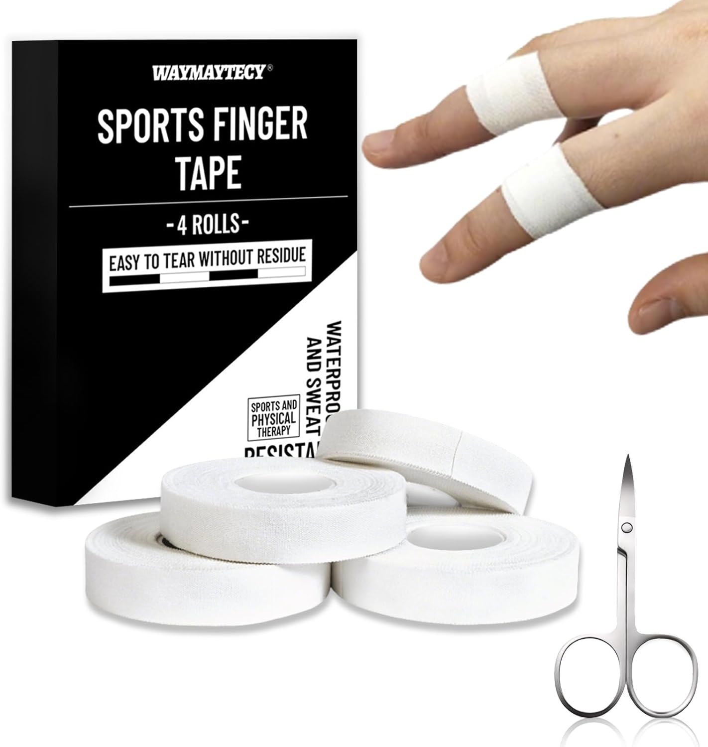 4 Rolls Finger Tape Add Scissors, Sports Tape, Easy Tear Off & Water-Repellent, Joint Tape Bandage, Ideal Tape for Sports – Climbing, Volleyball, Handball, Martial Arts, White
