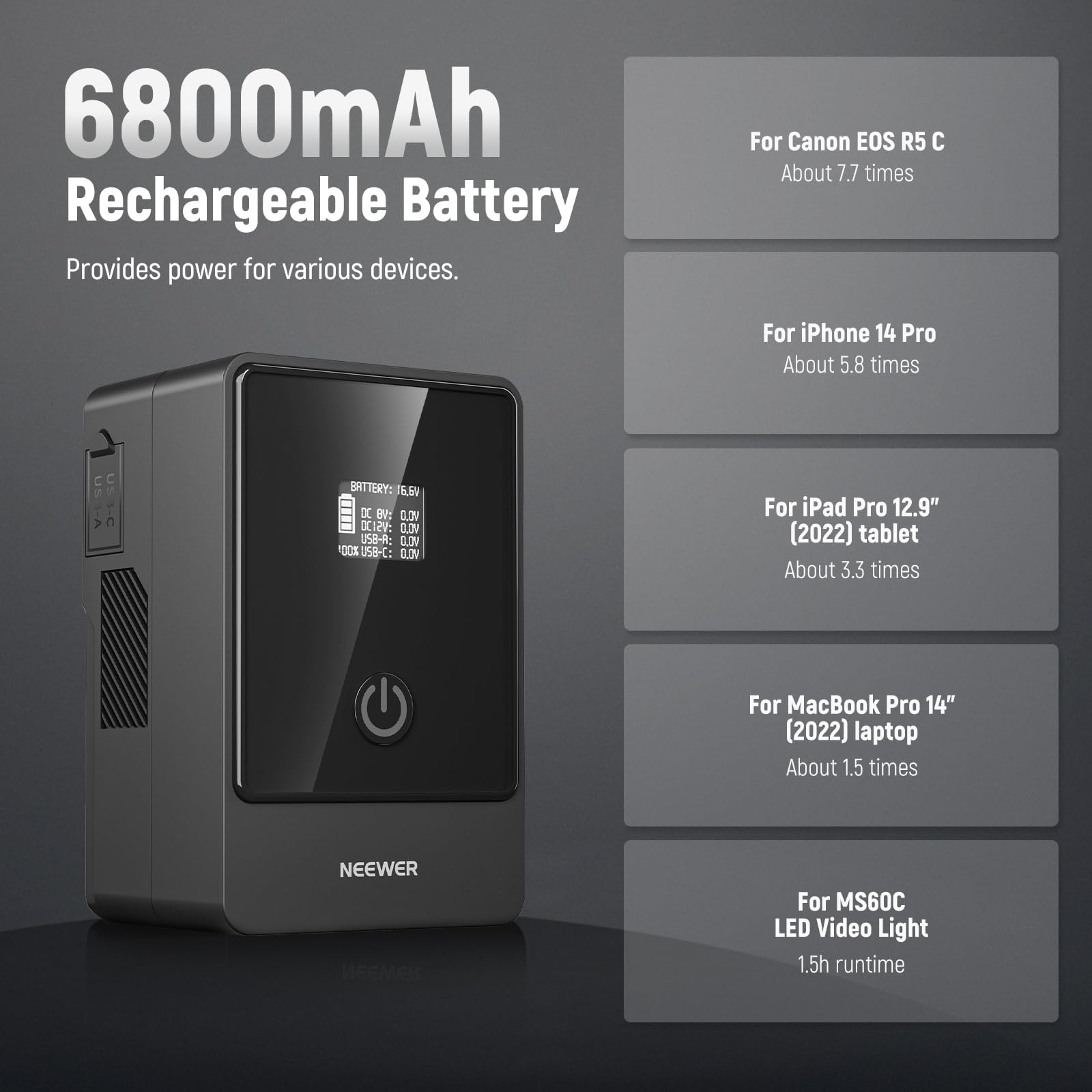 NEEWER V Mount Akku PS099E Battery mit Typ C Kabel, 6800mAh 99Wh 14,5V Mini V Lock mit OLED Display, Schnellladung 65W PD USB C, D Tap/BP/USB A/DC Ausgang für Video Kamera Monitor Camcorder Filmmaking