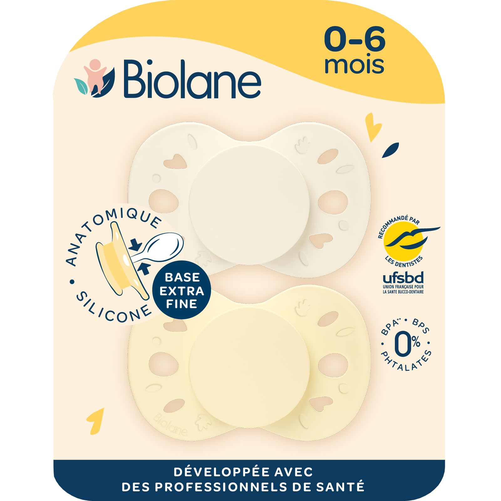 BIOLANE - Tétines anatomiques - Sucettes extra-​fines - 0 à 6 mois - Jaune et Beige - Téterelle plate et réversible- Confort optimal- Respect du développement bucco-​dentaire
