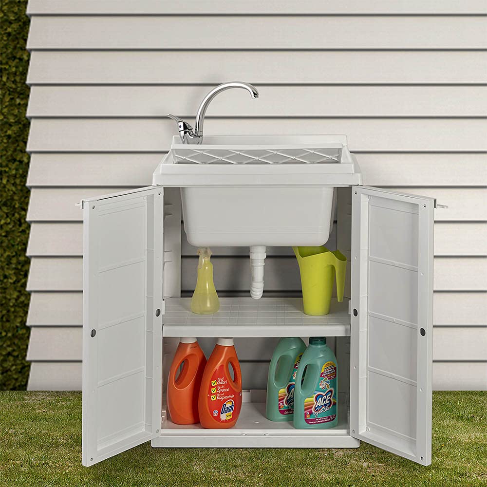 Mobile lavatoio salvaspazio 64x45, 2 Ante con ripiano interno, COMPLETO di tavoletta e kit scarico