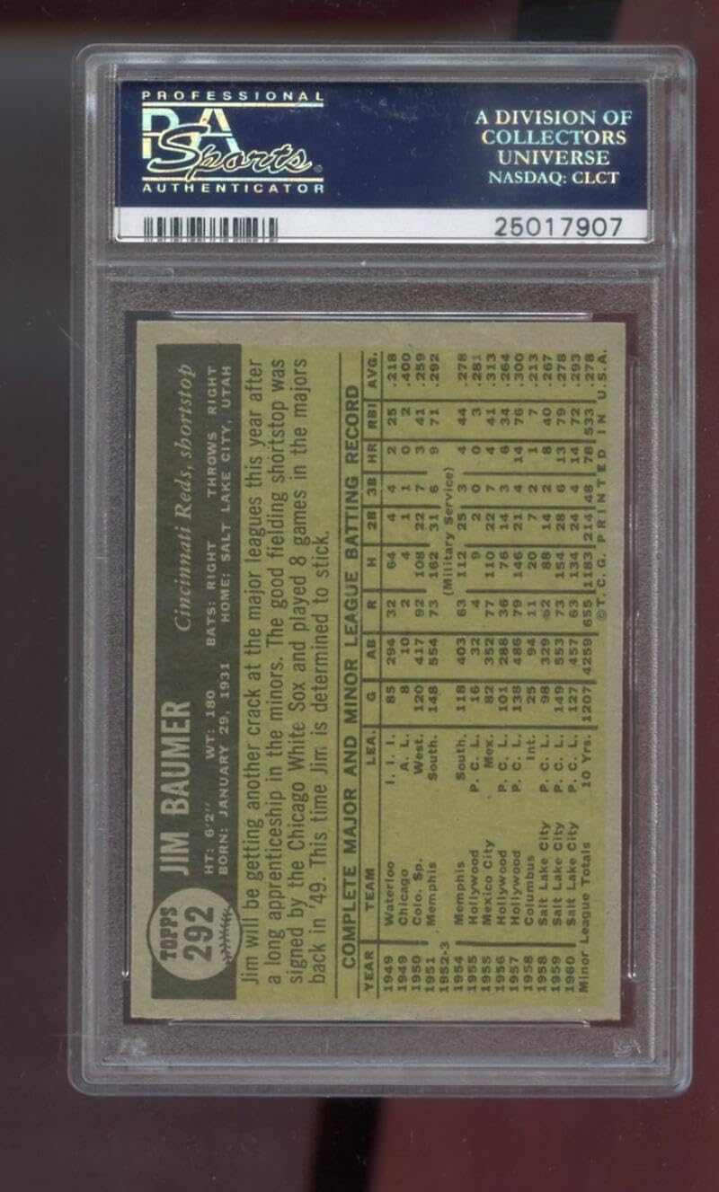 1961 Topps #292 Jim Baumer ROOKIE RC PSA 7 Graded Baseball Card MLB Cincinnati Reds