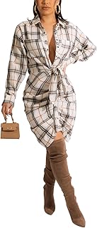 Women's Casual Long Sleeve Button Down Shirts Mini Dress Sexy V Neck T-Shirts Tops Loose Collar Long Blouse Wrap Dress - Buy now