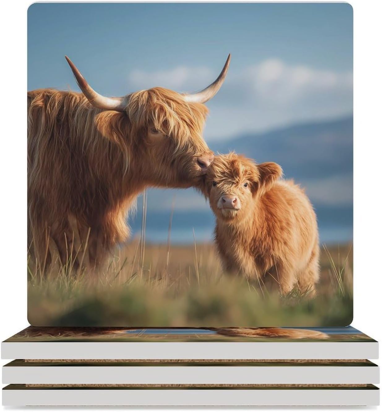 Highland Cow Love Coaster for Drinks Square Ceramic Table Coasters Stone Mat Crafts 4PCS Home Kitchen Decor