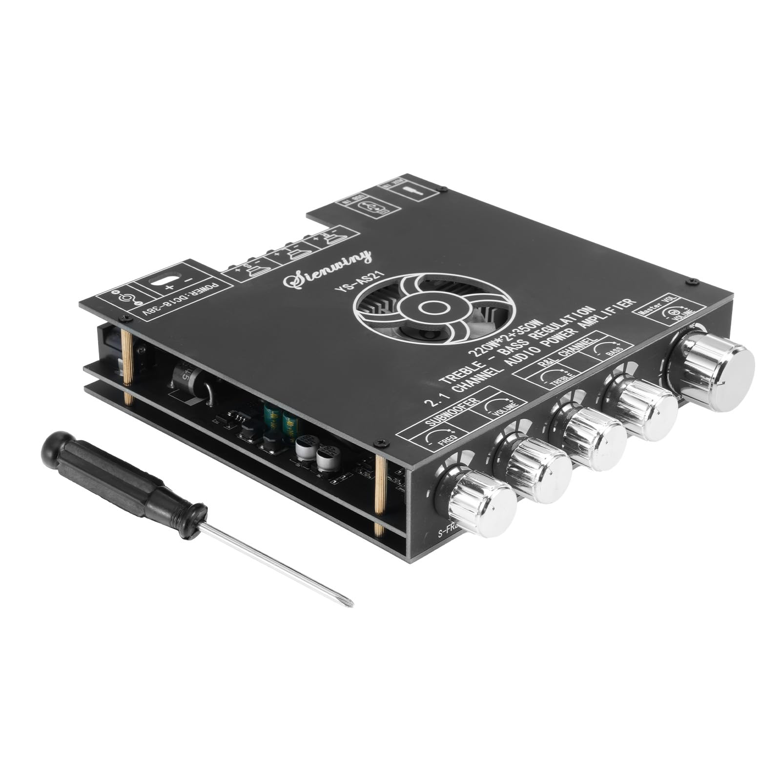 YS-AS21 Amplificateur HiFi avec Bluetooth Mini amplificateur Audio stéréo 2.1 canaux 220 W x 2 + 350 W Mini Module amplificateur stéréo TPA3255 Puce avec TB, USB, AUX, DC 18-38 V pour Haut-parleurs