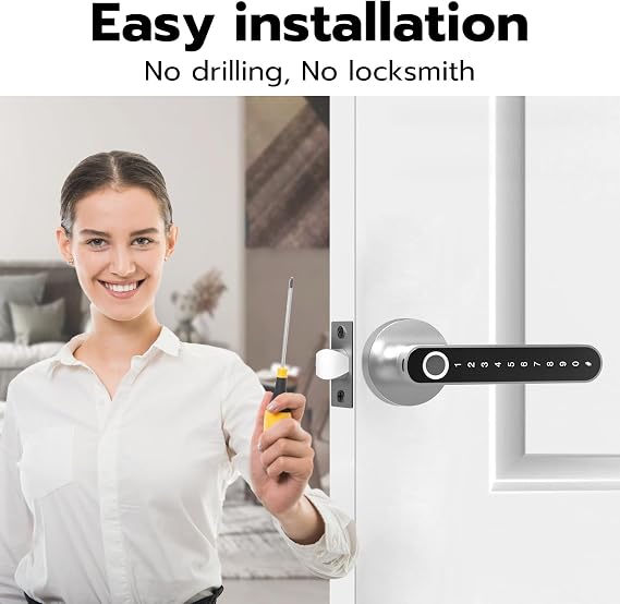 Fingerprint Handle Door Lock Smart Door Lock Levers eLinkSmart Keyless Entry Door Knob for Bedroom Front Back Door Bluetooth App Phone iOS Watch Silver