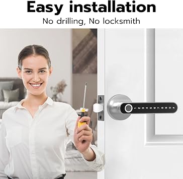 Fingerprint Handle Door Lock Smart Door Lock Levers eLinkSmart Keyless Entry Door Knob for Bedroom Front Back Door Bluetooth App Phone iOS Watch Silver