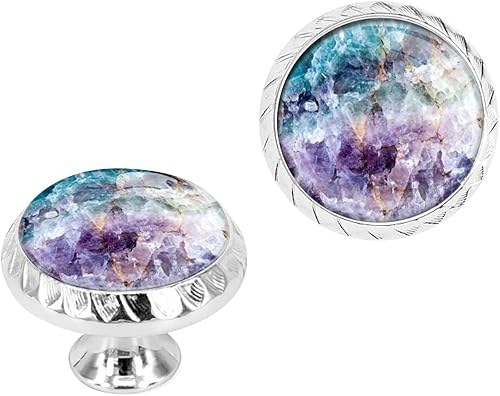 Paquete de 4 pomos de cristal para gabinete, color turquesa y morado de cuarzo para cajones, tiradores de muebles, manijas de armario, color plateado