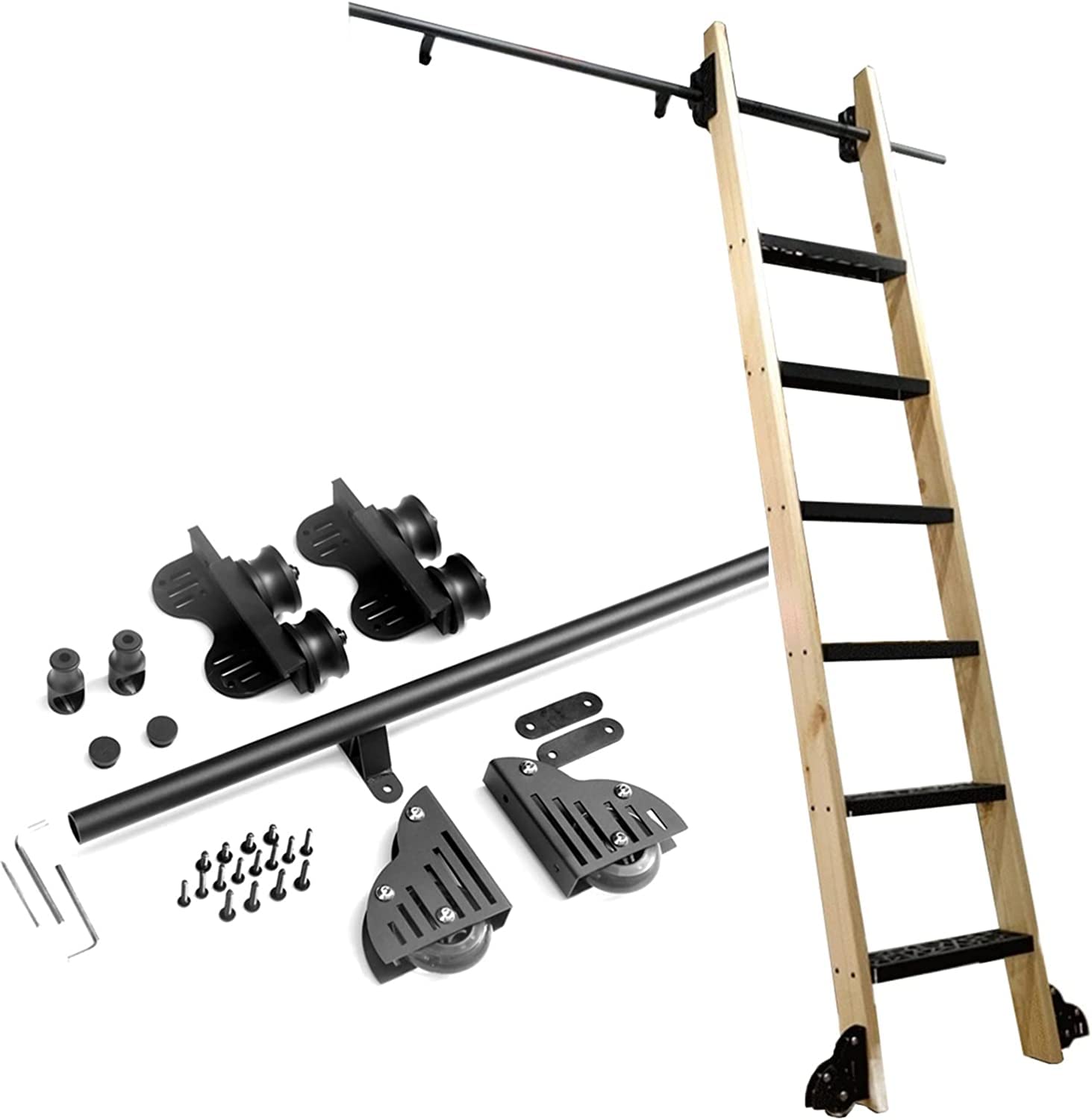Kit de quincaillerie pour échelle coulissante MObyat avec rail rond suspendu noir de 3,3 à 20 pieds
