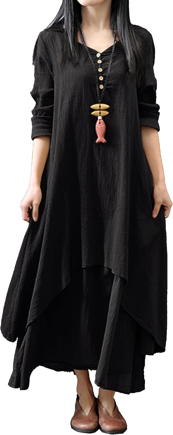 R.Vivimos Women Long Sleeve Cotton Casual Loose Plus Size Irregular Long Dresses
