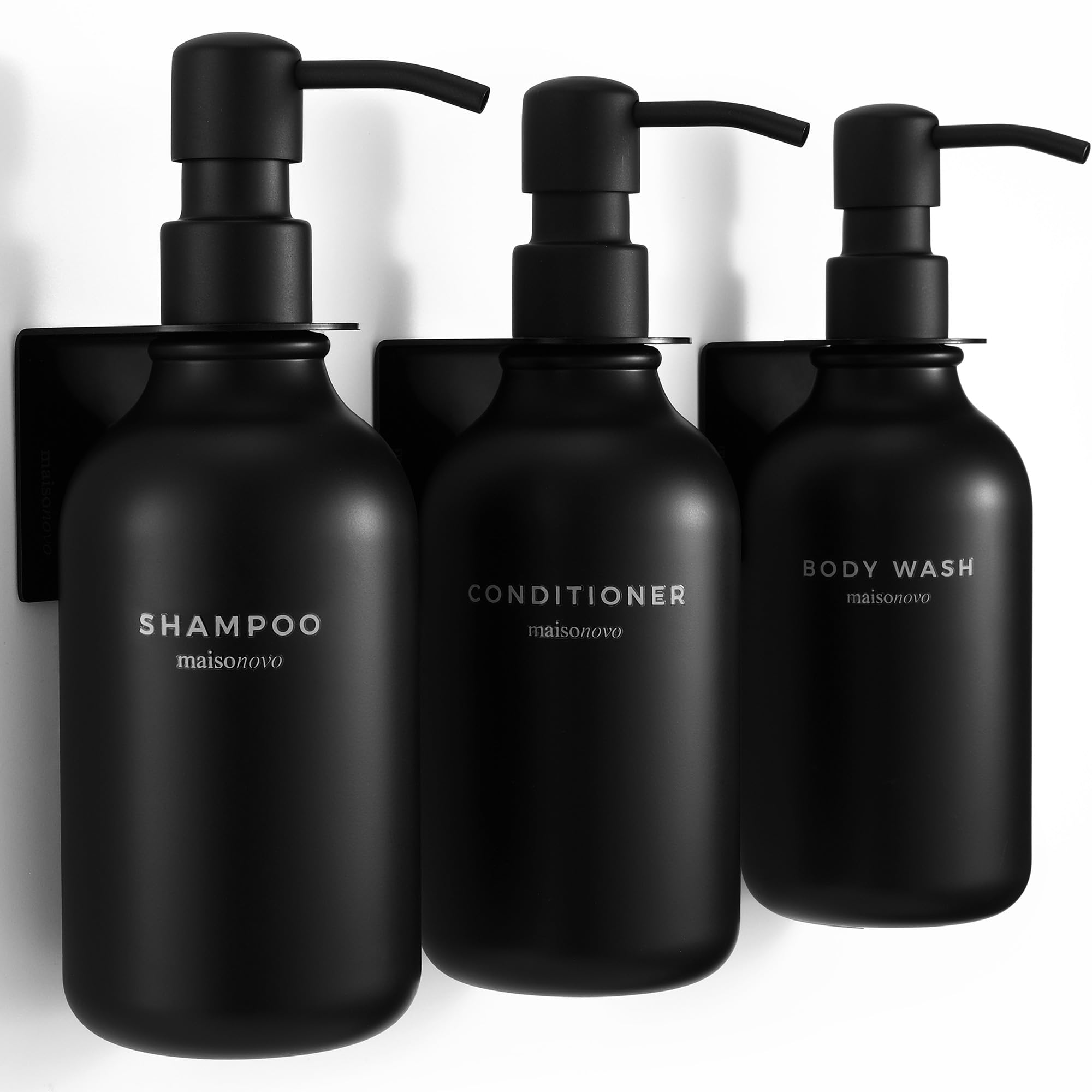 Sponsored Ad - MaisoNovo Shampoo and Conditioner Dispenser - Shower Soap Dispenser Wall Mounted - 16.9 fl oz Set of 3 Black Plastic Bottles Black Pump - Shampoo Dispenser, Shower Dispenser