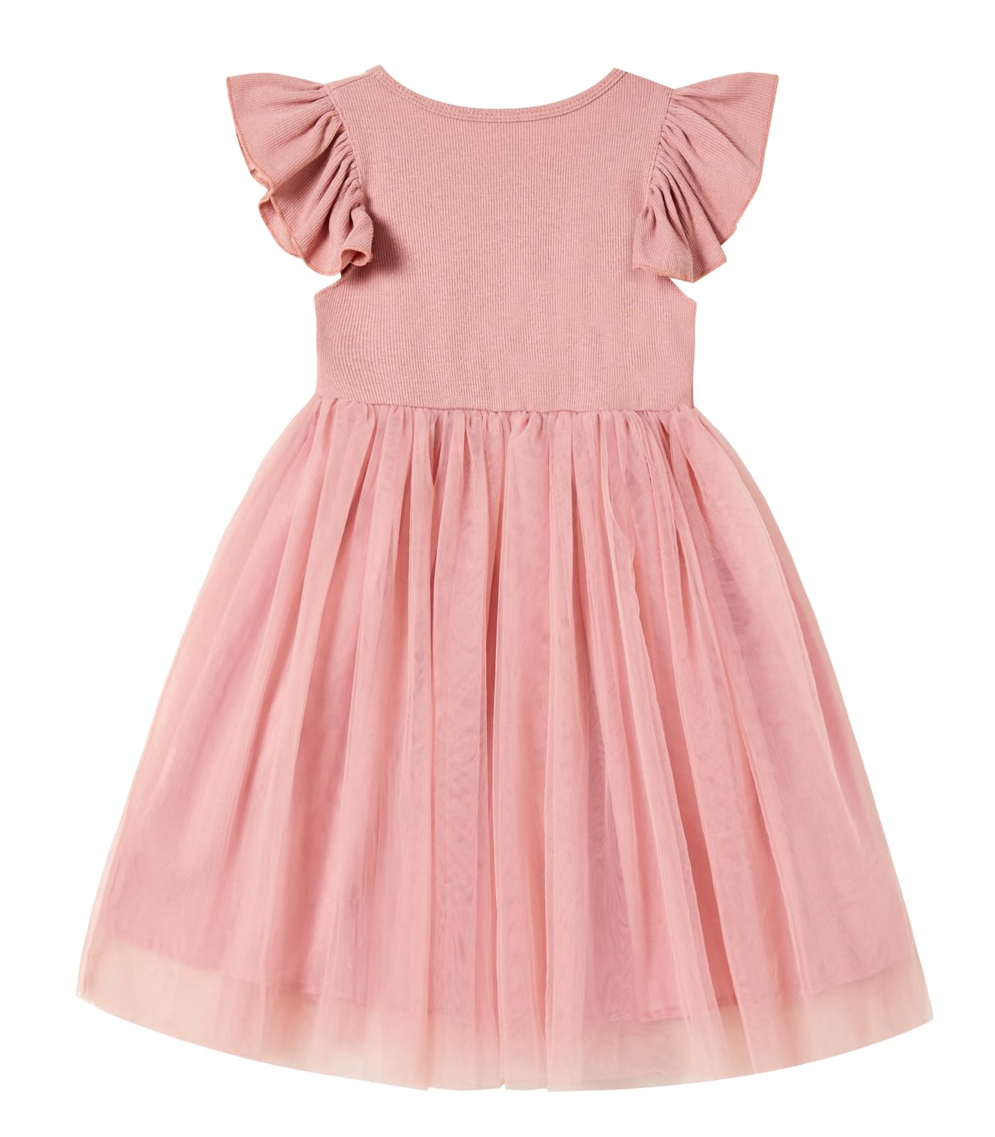Rysly Toddler Girls Ruffle Sleeve Tulle Dress Elastic Waist Bow Kid Casual Sundress (Dusty Pink,150)