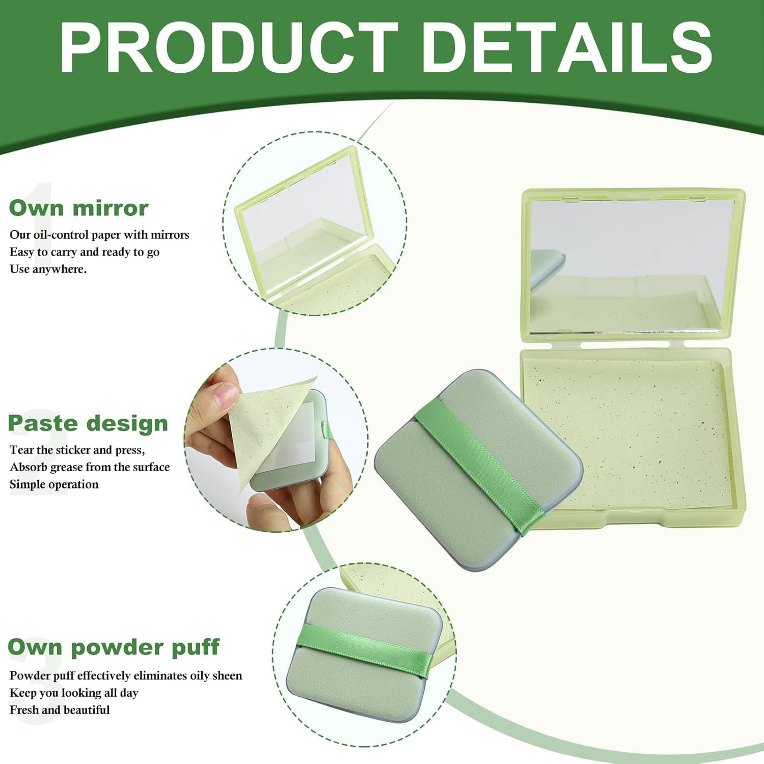 LERFOT® 100Pcs Korean Face Blotting Paper for Oily Skin, Natural Linen Bloating Papers for Oily Face, Oil Absorbing Sheets for Face, with Built-in Mirror & Powder Puff Pad for Men and Women 2