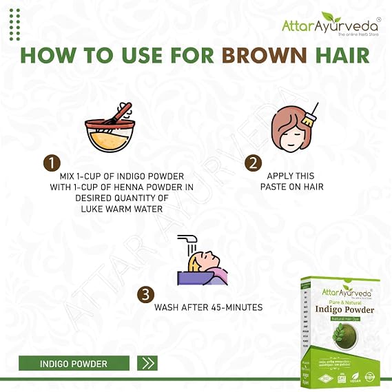 Attar Ayurveda Natural Indigo Powder 7OZ, 100% Pure Hair Dye, Chemical-Free Herbal Colour for Black & Dark Brown Hair, Ammonia-Free, PPD-Free, Vegan Organic Hair Colouring Powder