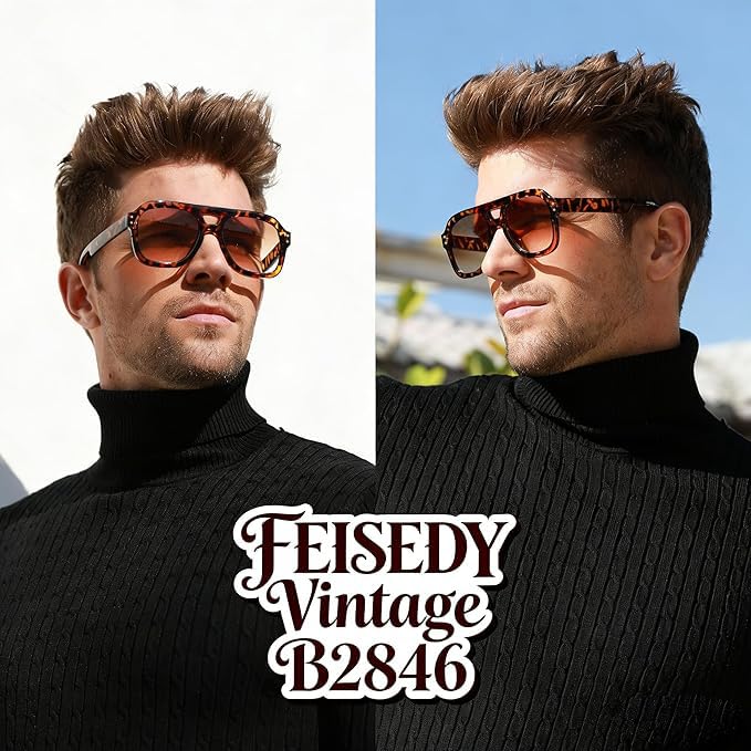 Image of FEISEDY Vintage Aviator Sunglasses Double Bridge Women Men Large Square Thick Frame Trendy Eyewear UV400 B2846