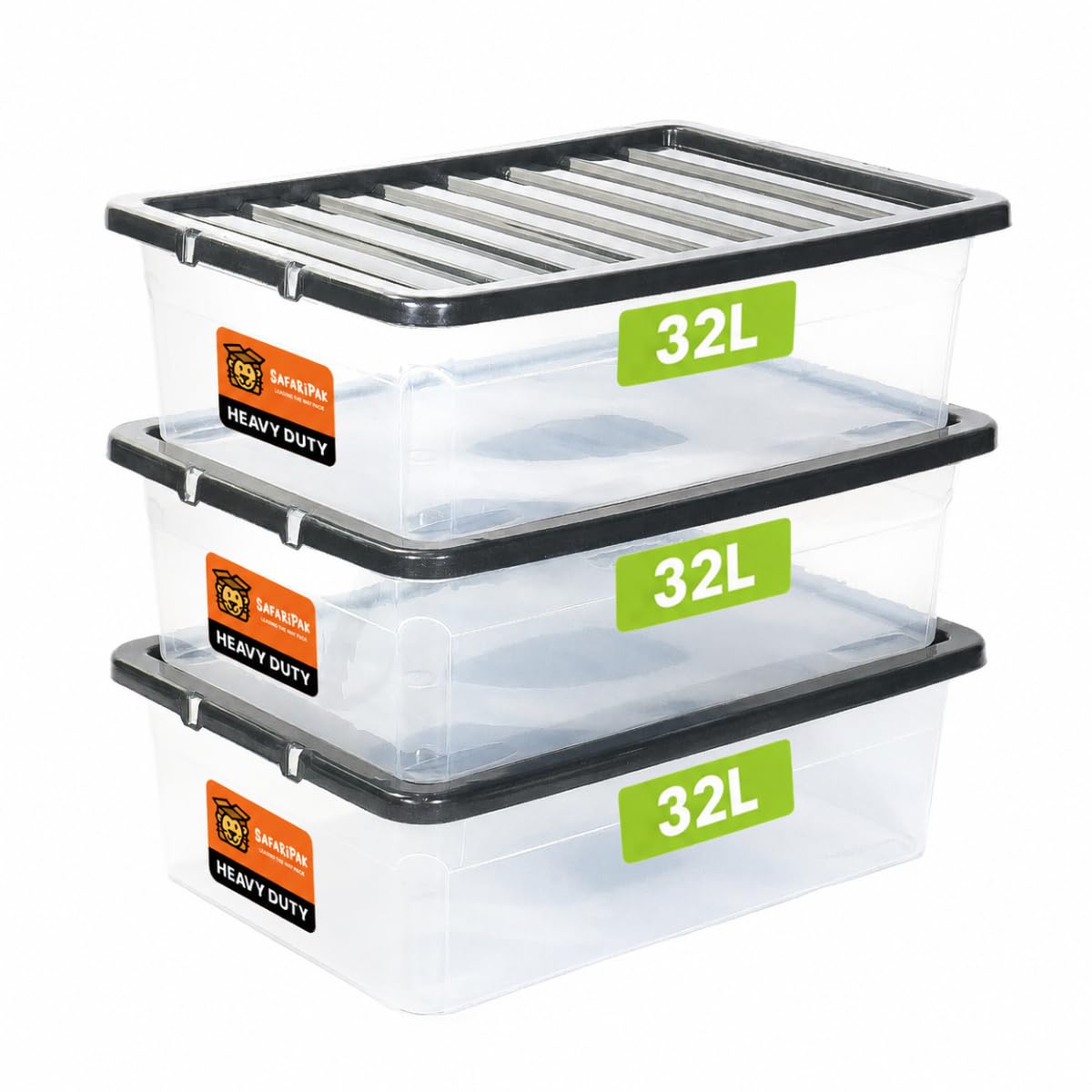 SAFARIPAK 3 x 32 Litre Underbed Clear Plastic Storage Boxes with Lids, Clip-Lock Lid, Sturdy Stackable Space Saving Box, Lidded Containers for Home, Kitchen, Moving, Garage, Office & Organisation