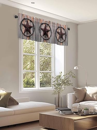 Miniatura 5 de Cortina de cenefas de estrella de campo occidental para cocina, cafetería, estrellas de hierro rústico sobre puerta de granero de madera, cenefa