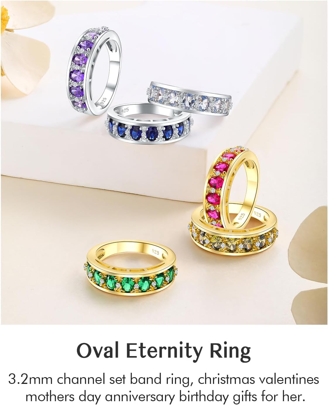 DAYBYDAY Oval Band Rings for Women, 925 Sterling Silver/14k Gold Plated Half Eternity Ring, Aquamarine/Ruby/Emerald/Sapphire Birthstone Rings, Thick Band Gemstone Anniversary Ring Size 6 to 10 - Image 5