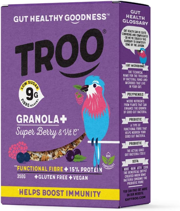 Troo Boost Granola+ Super Berry & Vitamin C | Gut Healthy Goodness | High Fibre | Low Sugar | Gluten Free | Vegan | Eco Friendly | Natural Ingredients | Healthy Breakfast | 350G | 1 Box