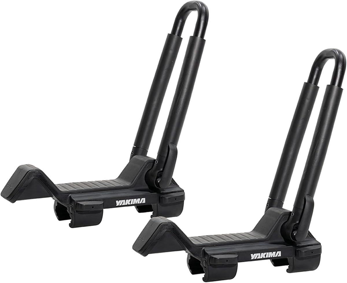 JayLow Soporte plegable para kayak en la azotea con forma de J y amarres | Ajuste redondo, cuadrado, de fábrica o aerodinámico; Capacidad para 1 bote de hasta 100 lb o 2 botes de hasta 130 lb en total