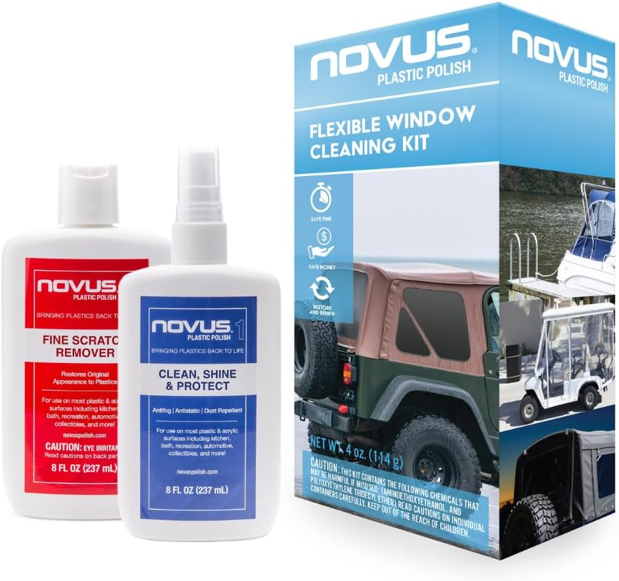 Novus Flexible Window Bonus Kit | One 8oz and 2oz Bottle Plastic Clean & Shine #1, Fine Scratch Remover #2 | Polish Mates Pack | 3” Backing Pad for Drill, 3” Green Foam Pad, 3” Black Pad