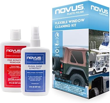 NOVUS Flexible Window Bonus Kit | One 8oz and 2oz Bottle Plastic Clean & Shine #1, Fine Scratch Remover #2 | Polish Mates Pack | 3 Backing Pad for drill, 3 Green Foam Pad, 3 Black Pad