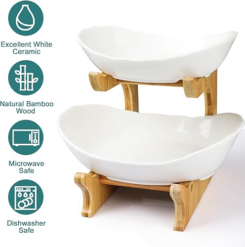 Miniatura 3 de SEVEN SPARTA Frutero de 3 niveles para encimera de cocina (serie PLUS), cuencos de cerámica con soporte de bambú, cesta de frutas escalonada de gran