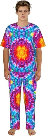Men's Pajama Set Lightweight Loungewear Tie Dye Short Sleeve Top and Pants with Pockets