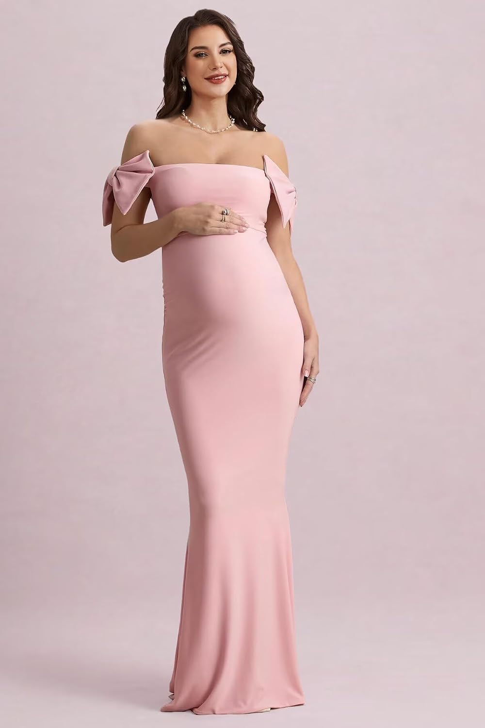 Off the Shoulder Maternity Dresses for Photoshoot with Bow Satin Mermaid Bodycon Pregnant Dress for Women