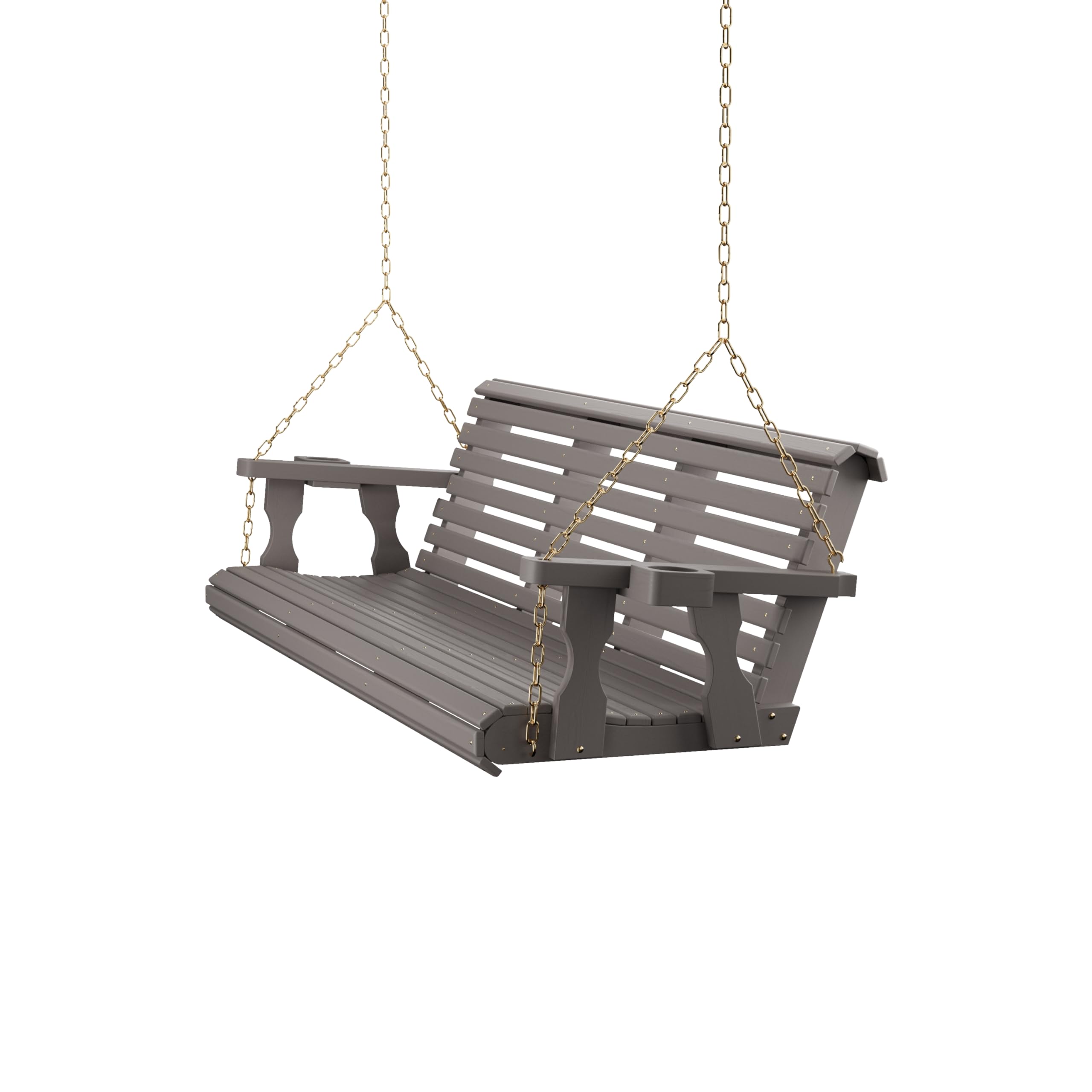 Amish Casual Heavy Duty 700 Lb Capacity Porch Swing with Cup Holders (6 Foot, Semi-Solid Gray Stain) – Wooden Outdoor Roll Back Swing with Hanging Chains – Amish Made in the USA