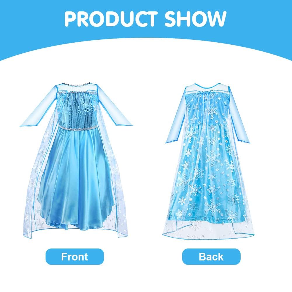 Vicloon Elsa Costume, Principessa Belle Costume, Set da Principessa Elsa Corona Bacchetta Guanti Treccia,Ragazze Elsa Principessa delle Neve Abiti Partito Vestito Costume, Cosplay Party Halloween