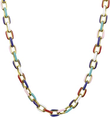 Colorful Stainless Steel Cuban Necklace for Women, Multi-Color Links, 15.5+2 Inches