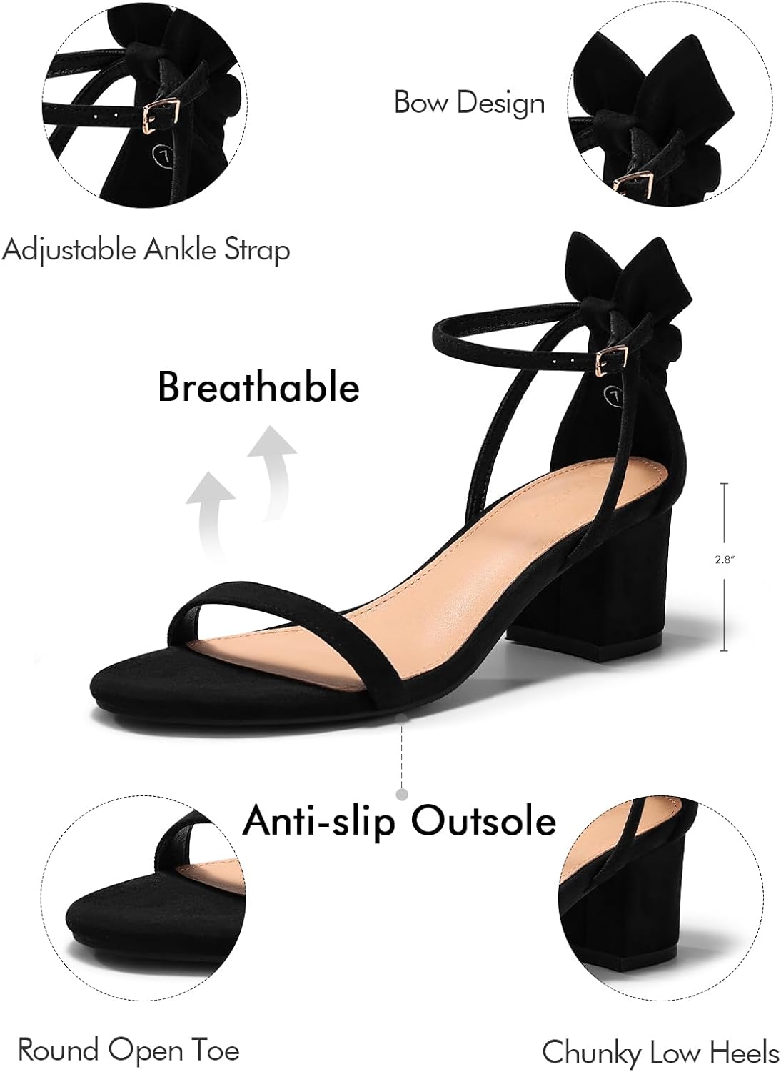 Coutgo Womens Chunky Low Heels Open Toe One Strap Heeled Sandals Bow Ankle Strap Wedding Dress Shoes - Image 6
