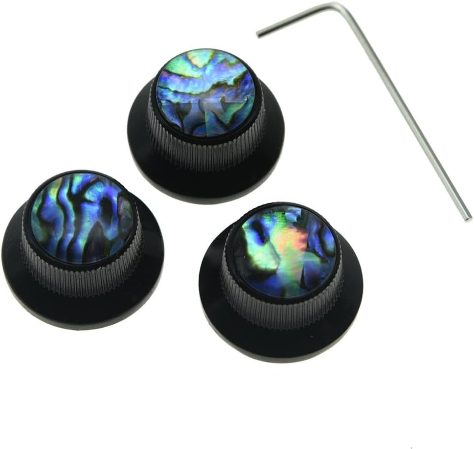 KAISH Set of 3 Set Screw Abalone Top Black Guitar Bass Knobs Strat Metal Knobs for 6mm Shaft Pots
